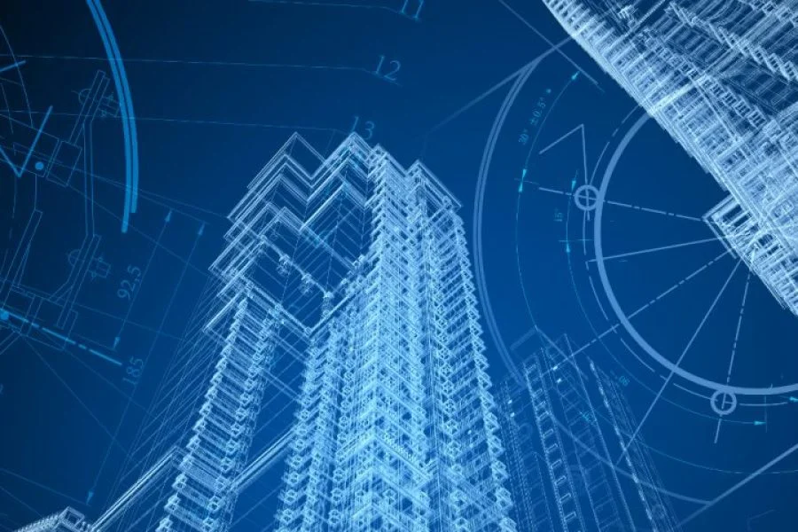 Architectural blueprint and 3D building design render